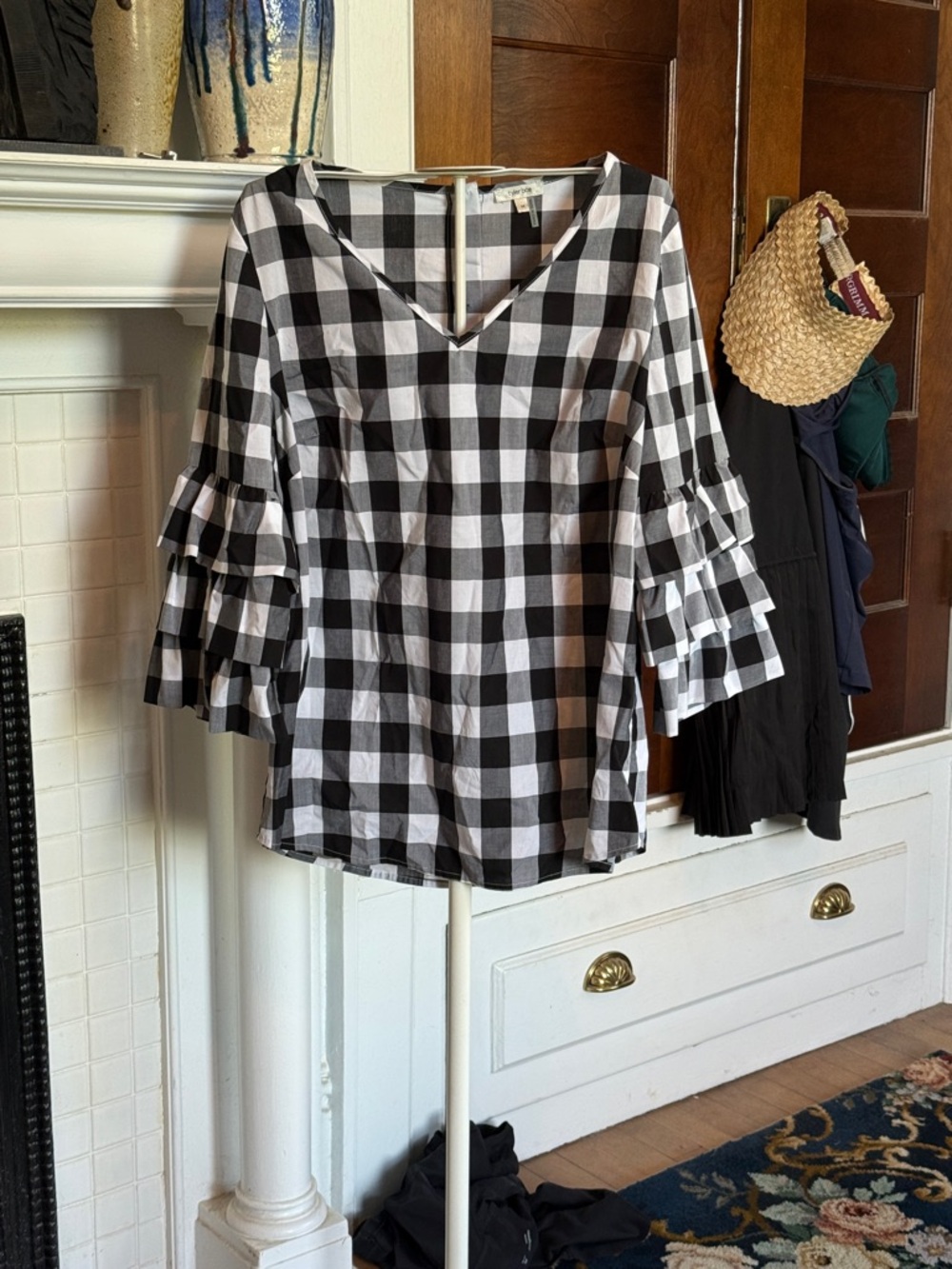 Tyler Boe Black and White Gingham Ruffle Tiered‎ bell -Sleeve Blouse- worn 2x
